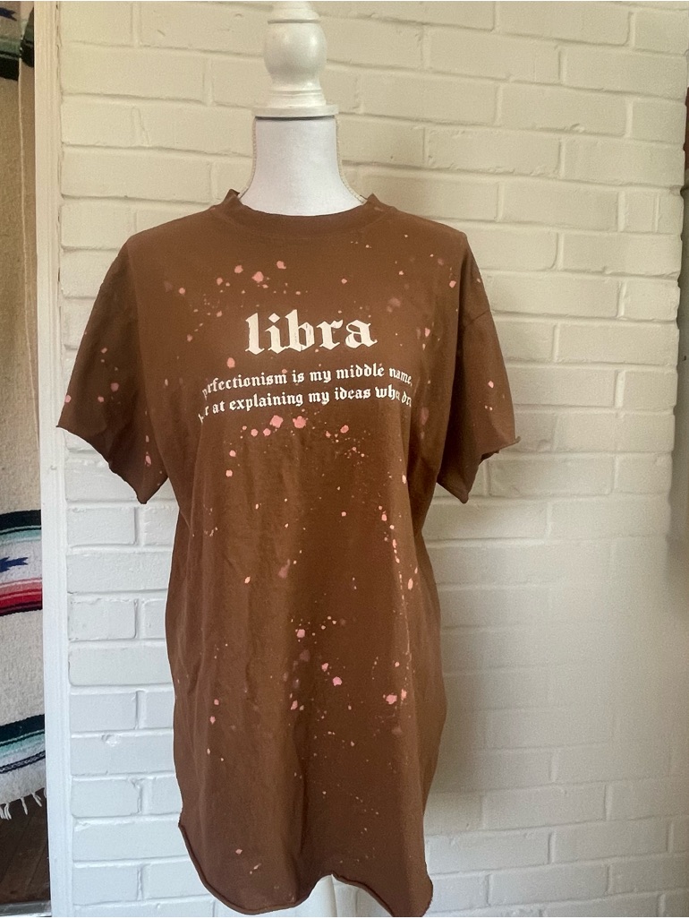 Pebby Forevee Brown Libra Crewneck Tee With Subtle Pink Accent Side Slits